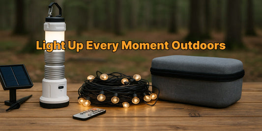 Daytime camping setup showing portable LED lanterns and solar string lights arranged on a wooden table in nature, ideal for outdoor lighting needs.