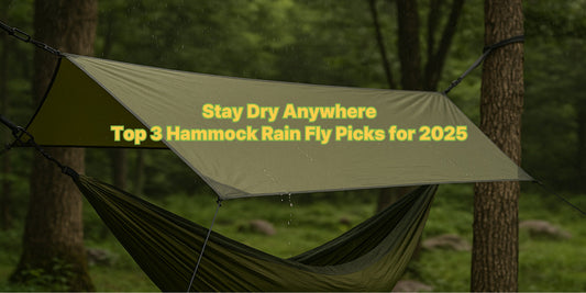 A waterproof hammock rain fly stretched in a green forest, showcasing reliable shelter for outdoor camping in rainy or sunny conditions.