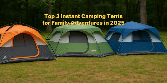 Three colorful instant setup camping tents for family trips are pitched on green grass with a forest background, perfect for outdoor adventures.