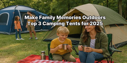 A happy family of four enjoying a peaceful camping day together with two large tents set up in a green forest under the bright summer sunlight.