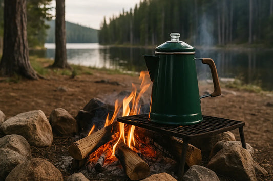 Green camping coffee percolator brewing over a campfire near a lake, surrounded by rocks and pine trees in a peaceful outdoor setting.
