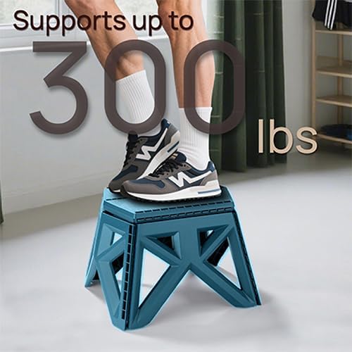 9.2" Blue Collapsible Step Stool - Non-Slip, Hold Up to 300 lbs, Portable Plastic Footstool with Handle | Easy Fold/Open Design for Kitchen, Bathroom, Camping & Home Use, 1 Piece