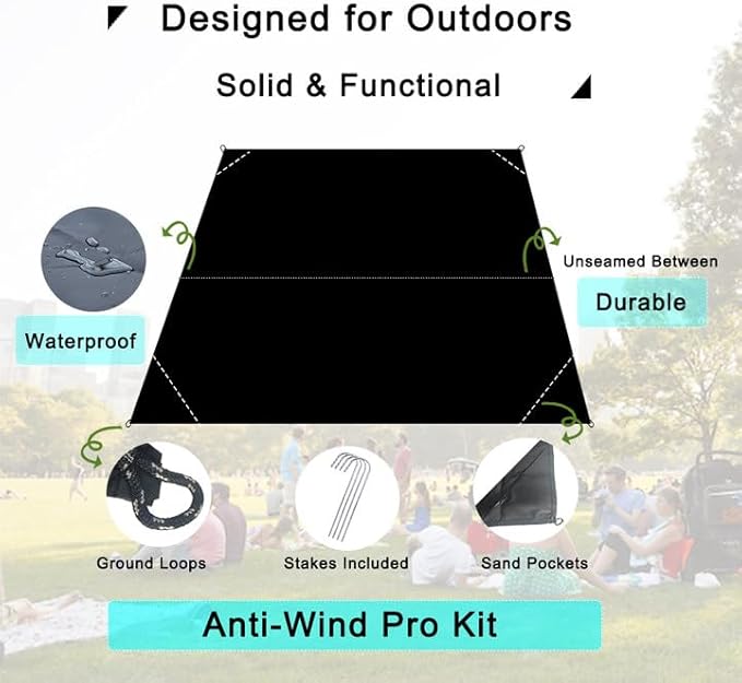 Outdoor Pocket Blanket, 55"x79" Waterproof Foldable Compact Pincic Blanket, Ultralight Tarp for Camping, Festival, Beach, Hiking, Backpacking, Travel and More, Stakes Included
