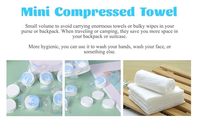 100 PCS Compressed Towel, Mini Tablets Disposable Portable Face Towel Cotton Coin Tissue for Travel, Camping, Hiking, Sport, Beauty Salon, Home Hand Wipes and Other Outdoor Activities
