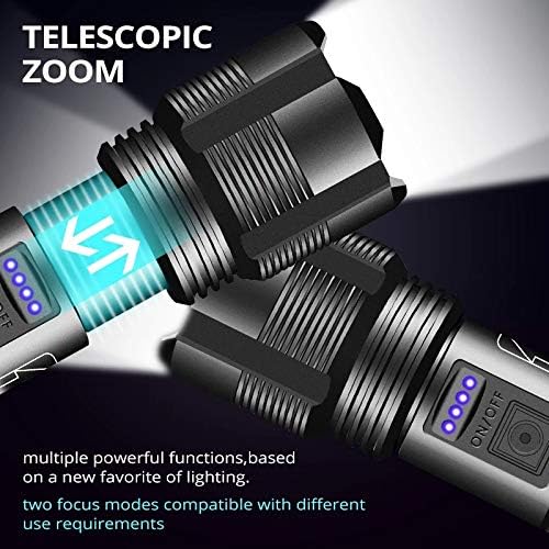 Tactical Flashlight - USB Rechargeable, 6000 Lumen XHP70.2 LED, 5 Modes, Zoomable, Power Indicator, USB Output
