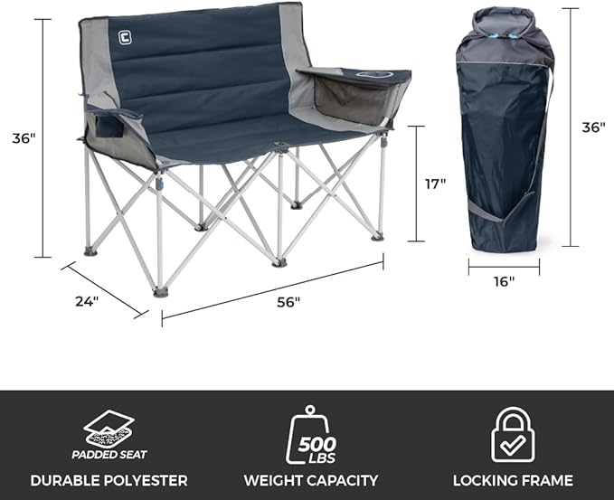 CORE Loveseat Outdoor Camp Chair | 2 Person Folding Double Lawn Chair with Storage Pockets for Accessories | Perfect for Concert Seat, Festivals, Sports, Beach, Travel & Picnic