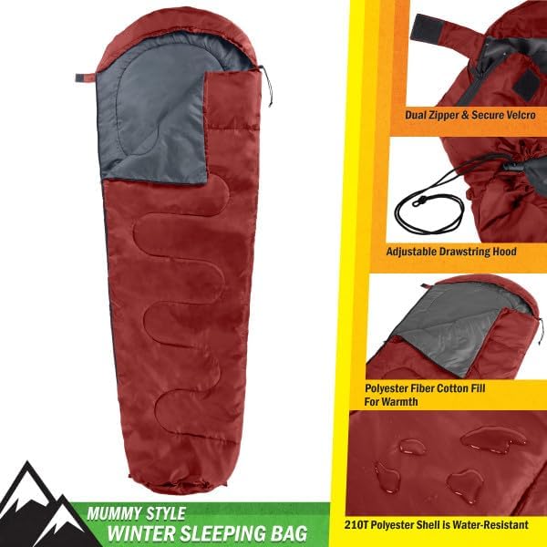 Mummy Sleeping Bag - Adult Cold Weather Sleeping Bag Rated to 25°F - Waterproof with Drawstring Hood - Camping Equipment by Wakeman Outdoors