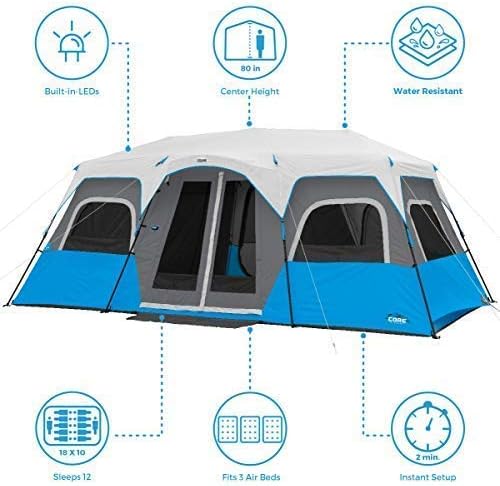 CORE Instant Cabin Tents with LED Lights | 6 Person / 9 Person / 12 Person Family Multi Room Lighted Pop Up Tents for Camping | Included Storage Pockets for Camping Accessories