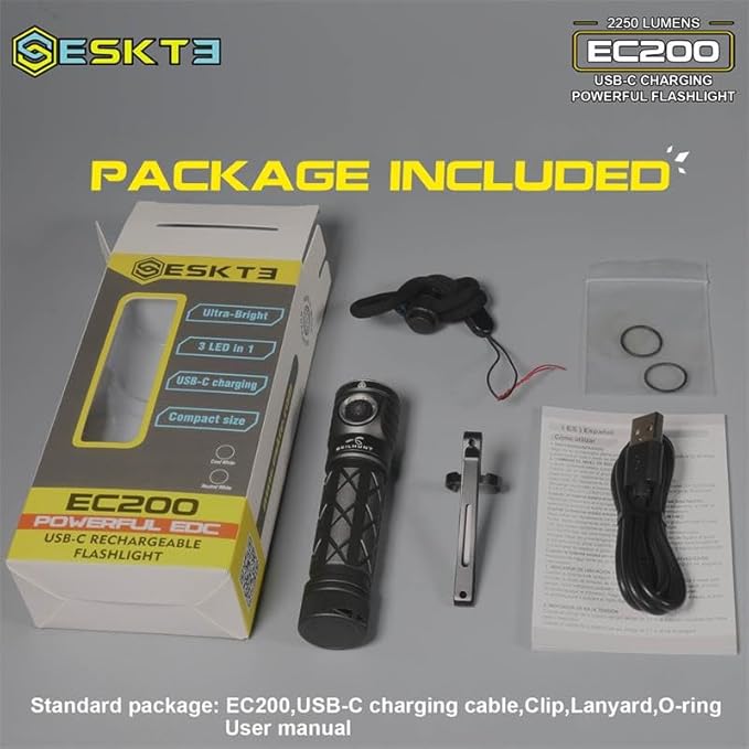 EC200 Powerful EDC 2250 lumens USB-C Rechargeable LED Flashlight - Lightweight, Compact Mini Pocket light Home use Camping Hiking Running Waterproof Outdoor Sports Hands-Free (Cool White 6500K, Black)