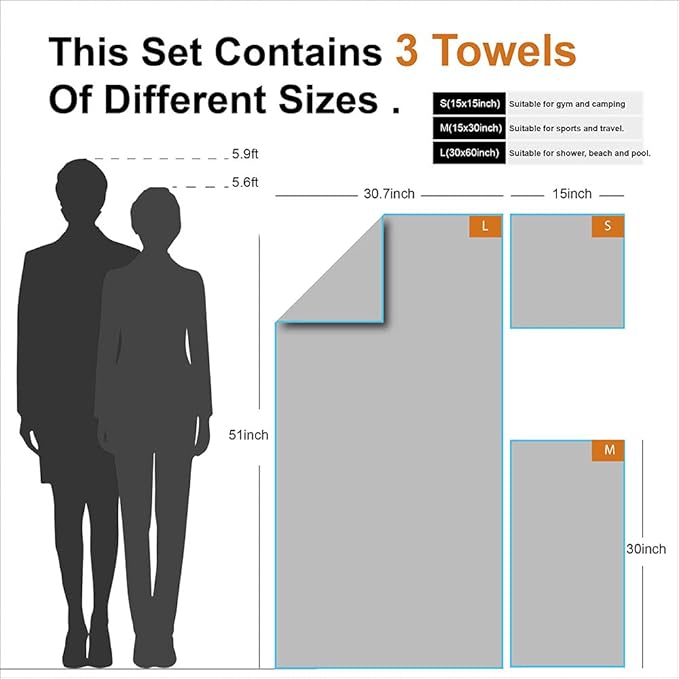 4Monster Camping Towels 3 Size at 1 Pack,Quick Dry Microfiber Towel,Beach Travel Towel Ultra Compact,Soft Gym Towel for Hiking Yoga Travel Sports Backpacking Trip and Pool