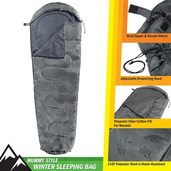 Mummy Sleeping Bag - Adult Cold Weather Sleeping Bag Rated to 25°F - Waterproof with Drawstring Hood - Camping Equipment by Wakeman Outdoors