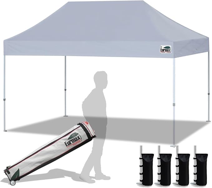 Eurmax USA 10'x15' Pop Up Canopy Tent Commercial Instant Canopies with Heavy Duty Roller Bag,Bonus 4 Sand Weights Bags (Grey)