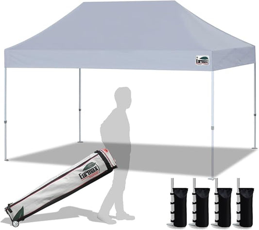 Eurmax USA 10'x15' Pop Up Canopy Tent Commercial Instant Canopies with Heavy Duty Roller Bag,Bonus 4 Sand Weights Bags (Grey)