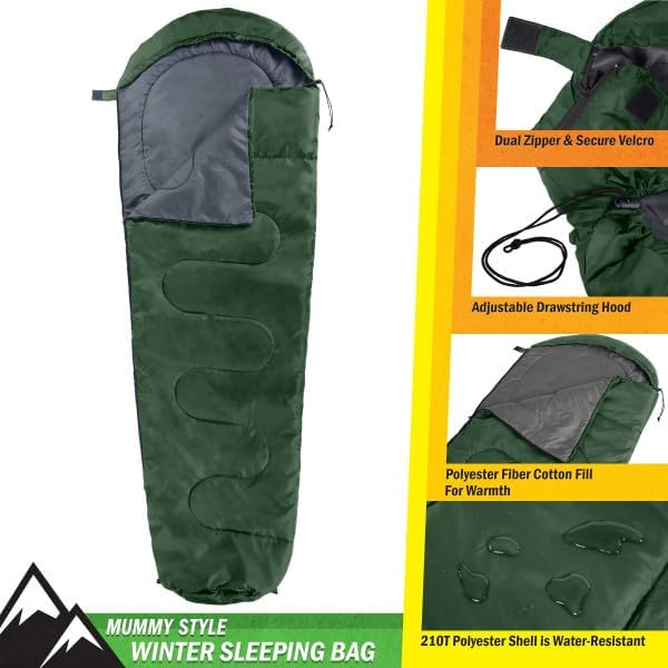 Mummy Sleeping Bag - Adult Cold Weather Sleeping Bag Rated to 25°F - Waterproof with Drawstring Hood - Camping Equipment by Wakeman Outdoors