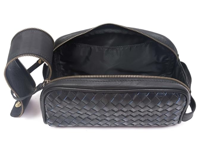 10" Premium Leather Toiletry Travel Pouch With Waterproof Lining | King-Size Handcrafted Vintage Dopp - Kit, Gift for Father's Day By Aaron Leather Goods (Black)