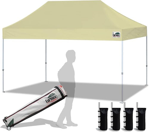 Eurmax USA 10'x15' Pop Up Canopy Tent Commercial Instant Canopies with Heavy Duty Roller Bag,Bonus 4 Sand Weights Bags (Beige)