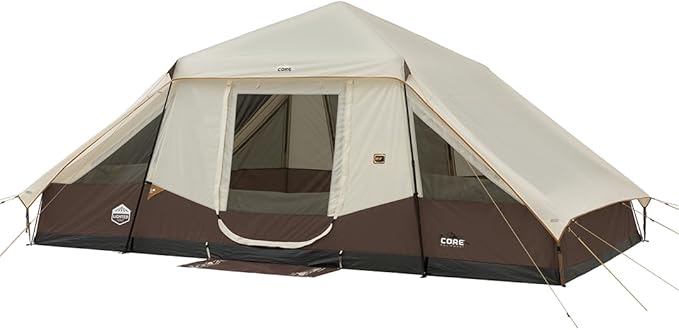 CORE Instant Cabin Tent with LED Lights | Large Family Lighted Pop Up Tent with Carry Bag for Camping, Glamping, and Backyard Adventures | Included Storage Pockets for Camp Accessories