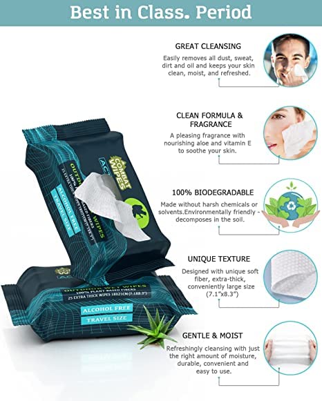Combat Wipes ACTIVE Outdoor Wet Wipes - Extra Thick Camping Gear, Biodegradable, Body & Hand Cleansing/Refreshing Cloths for Backpacking & Gym w/Natural Aloe & Vitamin E (20 Packs, 500 Wipes).