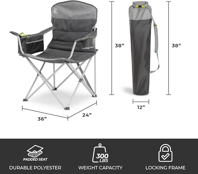 CORE Padded Quad Chair with Built-in Cooler | Folding Chair with Cupholder & Storage Pocket for Indoor Home or Outdoor Camping | Perfect for Concert Seat, Sports, Beach, Travel & Picnic