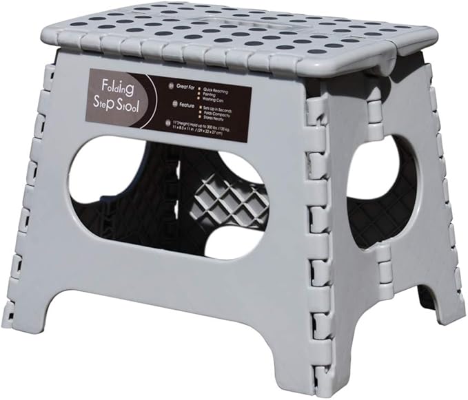 Non-Slip Folding Step Stool, Sturdy Safe Enough - Holds up to 300 Lb - 11 inch Footstool for Adults or Kids, Folding Ladder Storage/Opens Easy, for Kitchen,Toilet,Camping (Light Grey, 11'')