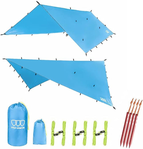 Gold Armour Rainfly Tarp Hammock, Premium 14.7ft/12ft/10ft/8ft Rain Fly Cover, Waterproof Ultralight Camping Shelter Canopy, Survival Equipment Gear Tent Accessories (Light Blue 12ft x 10ft)
