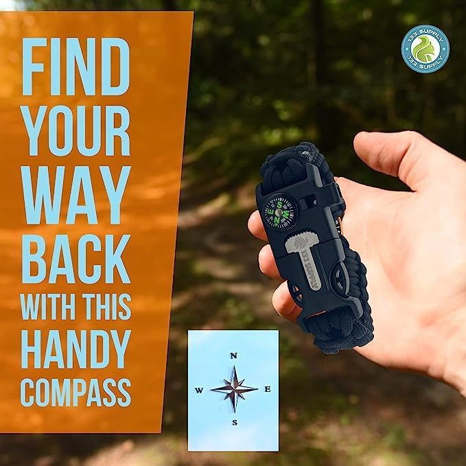 Adjustable Paracord Bracelet Compass Hiking Survival Whistle Loud, Emergency Fire Starter Kit, Camping Accessories Fishing Hunting EDC Backpacking Gear, Tactical Survival Gear and Equipment