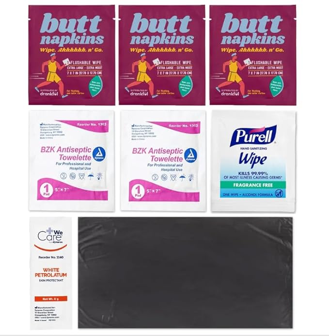 CODE BROWN Bag, Single Use Portable Travel Bathroom Pack, Includes Butt Napkins, Hand Wipes, Disposal Bag, Hand Sanitizer, Anti-Chafe Ointment, for Running, Hunting, Camping, Hiking, Outdoors