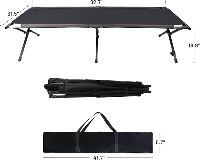 PORTAL Folding Portable Camping Cot, Guest Bed with Carry Bag and Side Storage Organizer, Camping Cots for Adults Sleeping, Away Tent Sleeping Cot Bed, Supports 300 LBS, Black