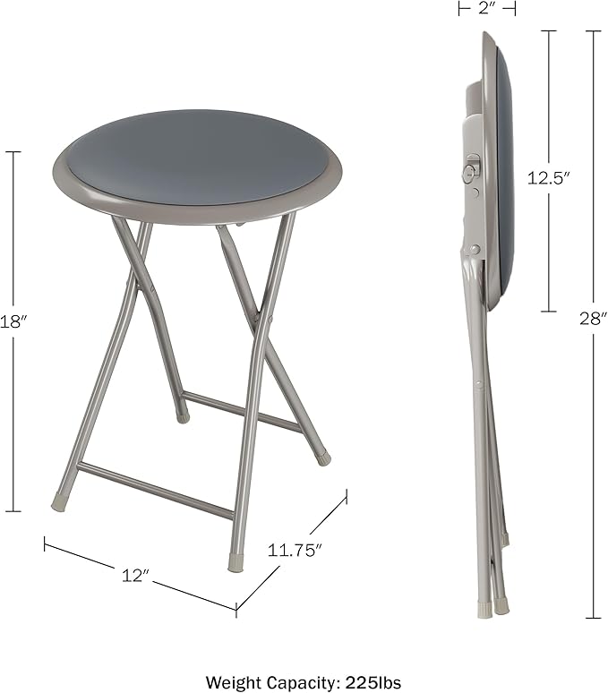 Folding Bar Stools - Set of 4 Heavy-Duty 18-Inch Stool with 225lb Capacity and Padded Seats for Dorm, Recreation or Game Room by Lavish Home (Gray)