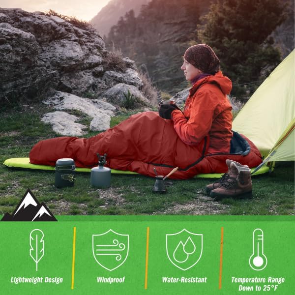 Mummy Sleeping Bag - Adult Cold Weather Sleeping Bag Rated to 25°F - Waterproof with Drawstring Hood - Camping Equipment by Wakeman Outdoors