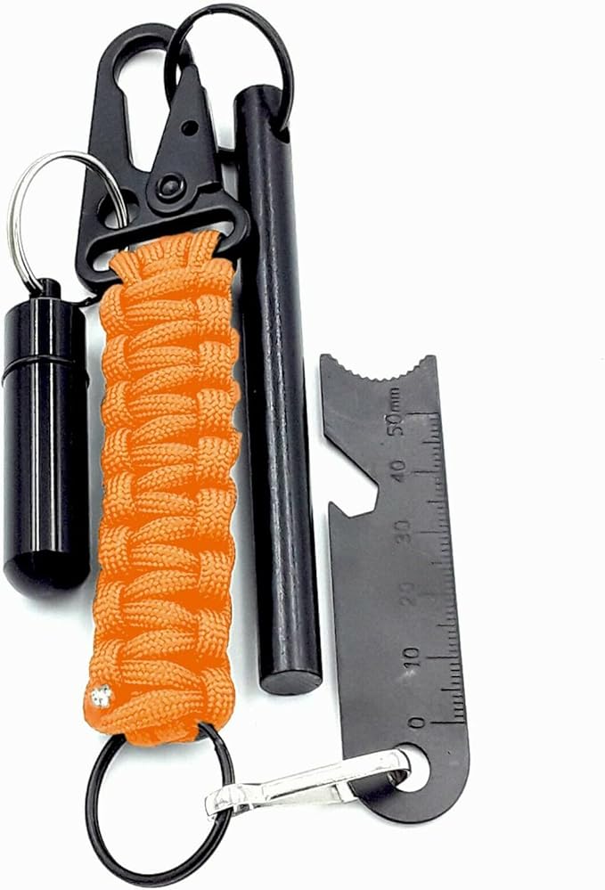 Ferro Fire Starter 4 inch Survival Ferrocerium Drilled Flint Fire Starter, Ferro Rod Kit with Paracord Lanyard Handle, Striker, Cotton Tinder Tab in o-Ring Sealed Carrier Tube and Carry Clip
