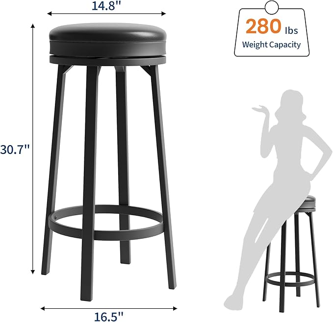 IDEALHOUSE 30'' Swivel Bar Stools Set of 4 with Footrest, Modern Counter Height Barstools with PU Leather Upholstered and Metal Frame, Backless Round Bar Stools for Kitchen Island, Black