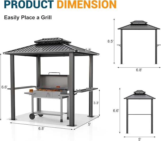 Hoteel 6x8 Hardtop Grill Gazebo, Outdoor Patio BBQ Gazebo with Galvanized Steel Double Roof, Hardtop Barbecue Canopy with 2 Side Shelves for Deck Lawn Backyard Garden,Black