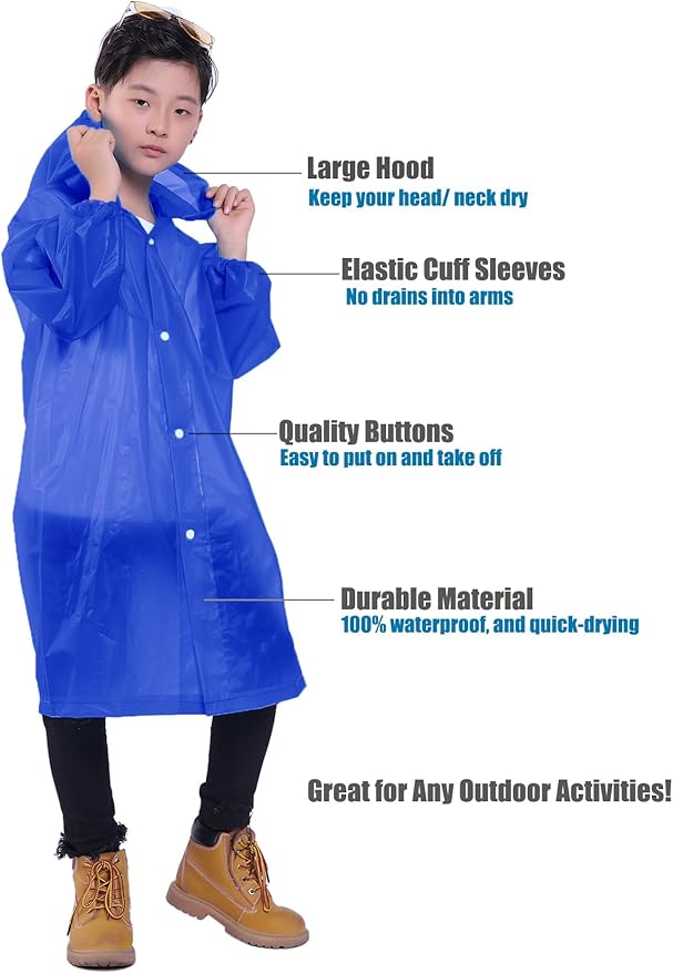 2 Pack Rain Ponchos for Kids, Reusable Kids Rain Jacket with Hood Waterproof Raincoats for Boys and Girls