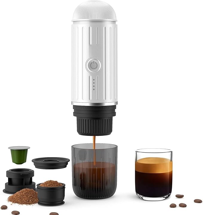 Portable Espresso Machine with Self-heating, 12V 7500mAh Rechargeable Electric Coffee Machine 19 Bar Compatible with NS Capsules and Ground Coffee for Car Camping Travelling, White