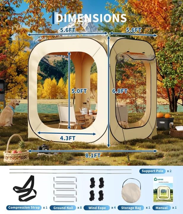 6x6 Ft Outdoor All Weather Pop Up Tent, 2-3 Person Instant Tent Shelter, Rainproof Camping Sun Shelter Coldproof & Windproof for Patio, Backyard, Deck, Sports Events, Beige