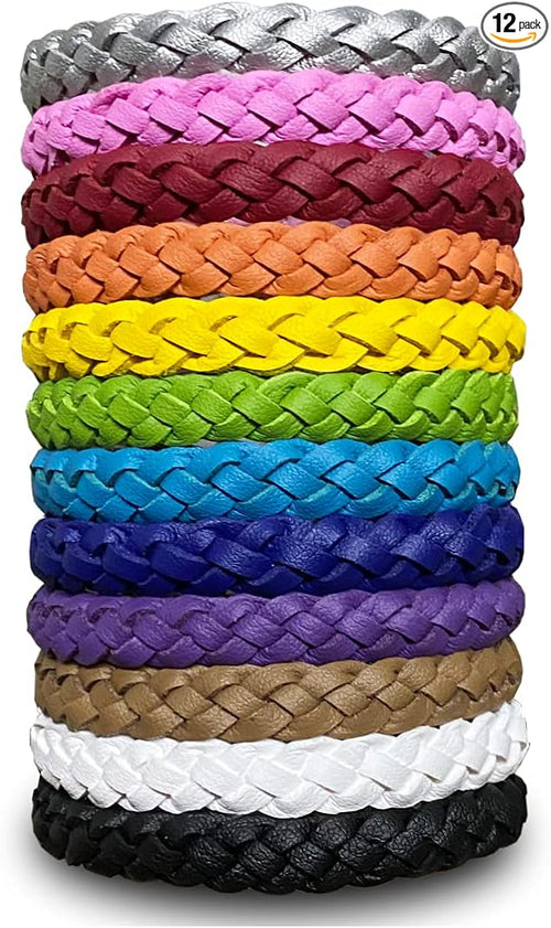12 Pack Mosquito Repellent Bracelets, Solid Color Individually Wrapped Leather Insect & Bug Repellent Wrist Bands for Kids & Adults Outdoor Camping Fishing Traveling