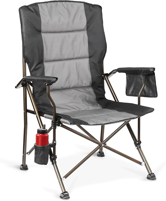 Large High Back Camping Chair for Adults - Comfortable Oversized for Tall People, Heavy Duty & 450lbs Capacity K-Frame, Padded Seat & Armrests for Sitting Fishing Outside, Cup Holder (Black)