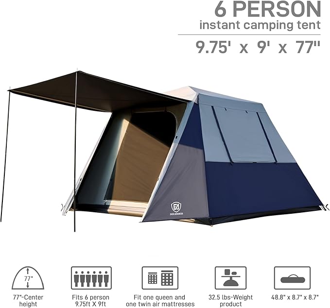 EVER ADVANCED Blackout Design 6 Person Camping Tent, Instant Cabin Tent for Family with Vestibule and Large Mesh Windows, 60s Easy Setup, Double Layer, Water-Resistant