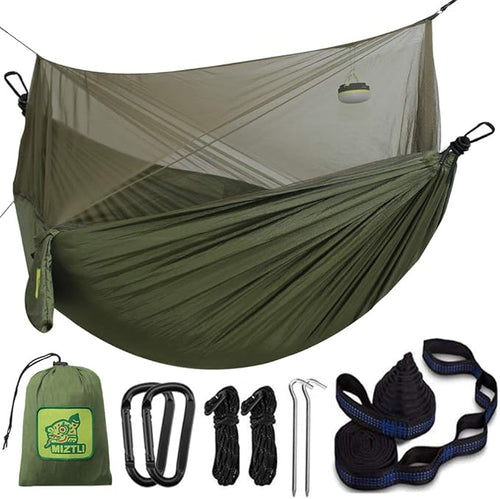 Miztli Camping Hammock with Net and Rain Fly, Portable Lightweight Outdoor Hammock Tree Travel Backpacking Hammock Tent with 20Ft(Total) Tree Straps, Perfect for Camping Hiking Yard Adventure Survival