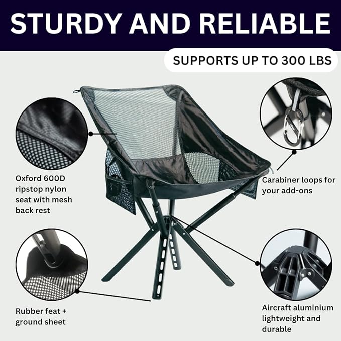Campster2 Folding Camping Chair – Portable High Chair | 265 Lbs Capacity | Camping Essentials for Beach, Hiking & Car Camping | Compact Outdoor Chair with Carry Bag | Comfortable & Durable (Black)