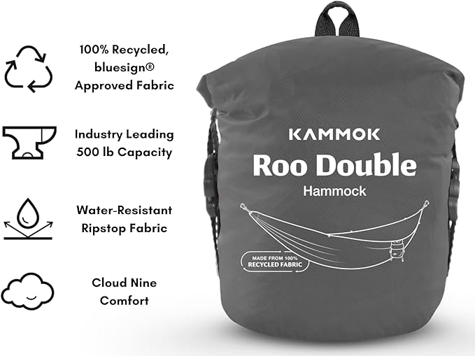 KAMMOK: Roo Double Hammock | Made from Strong & 100% Recycled Water Resistant Ripstop Fabric | Comfortable, Packable, Lightweight (Lifetime Adventure Grade Warranty), Granite Gray