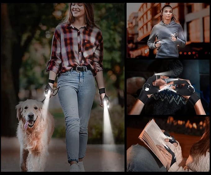 LED Flashlight Gloves for Men Women – Bright Lighted Fingerless LED Gloves for Handyman, Plumber, Mechanic Elastic Design, Waterproof, Battery Powered – Unique Gift Cool Gadgets for Men, Dad, Husband