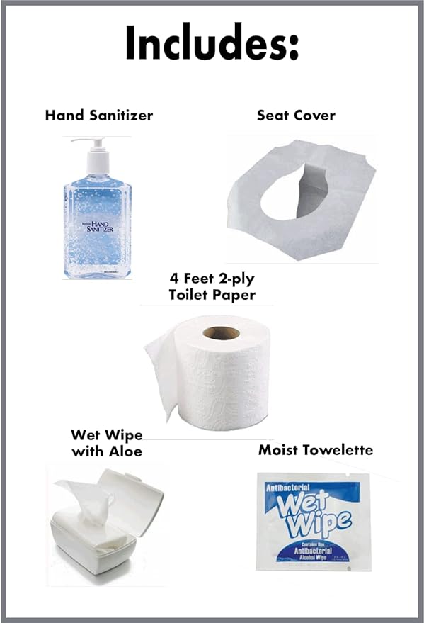 Single Use Portable Travel Bathroom Pack with Seat Cover, 2 ply Toilet Paper (4ft), Wet Wipes & Hand Sanitizer for Kids, Camping, Hiking, Outdoors, Sporting Events & More, Single - 10 units