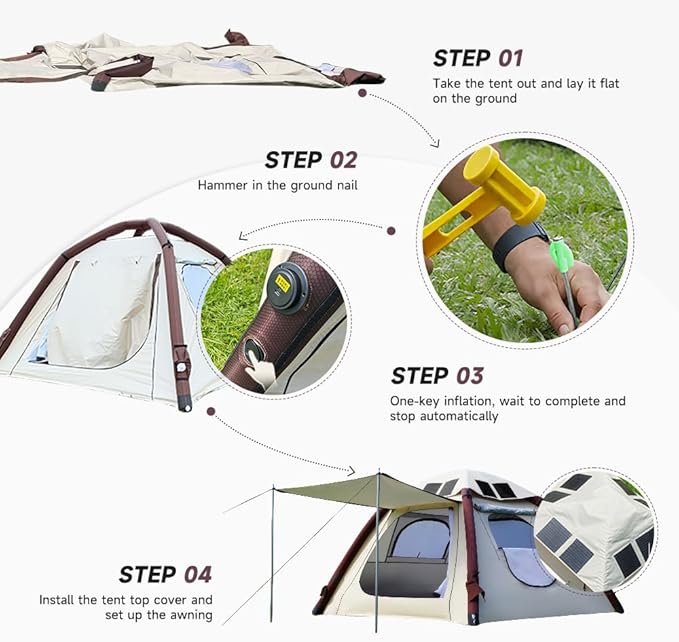 Cow-HQUS Camping Tents 4 Person,3 Minute Easy Set Up Waterproof Tent,Pop Up Tents for Camping, Portable Family Auto-Inflating Instant Tent with Mesh Windows, Large Inflatable Tents for Camping