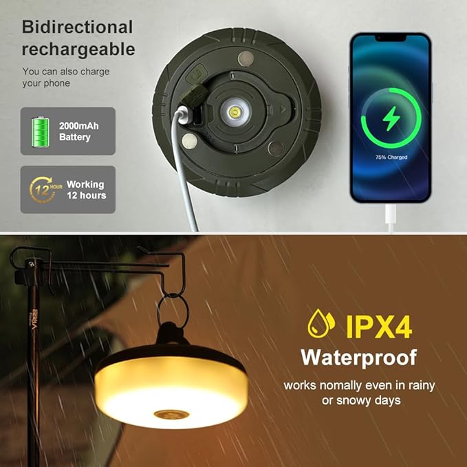2 Pack Camping String Lights - 4 in 1 Outdoor Lights with 8 Lighting Modes, USB Charge & Battery Indicator, Durable & Waterproof for Camping Yard Hiking, Portable & Easy-to-Store (32.8ft)