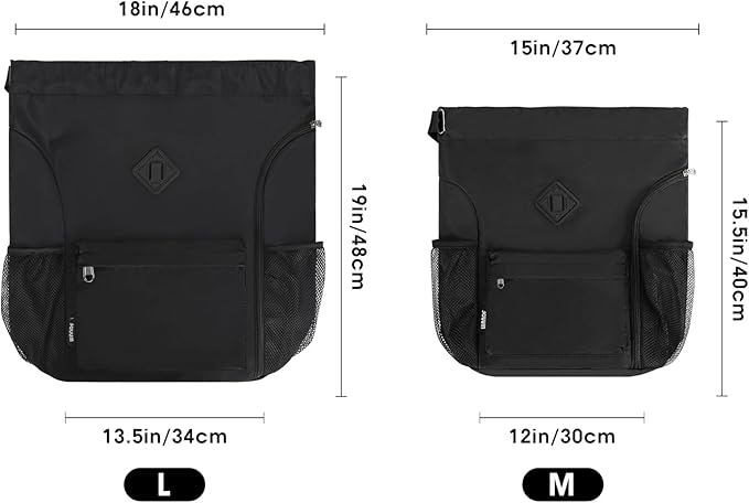 WANDF Drawstring Backpack Sports Gym Bag with Shoes Compartment, Water-Resistant String Backpack Cinch for Women Men (Large,Black)