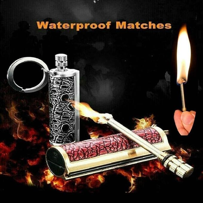 Fire Starter Lighter Waterproof Flint Match Outdoor Camping Permanent Metal Matchstick with Keychain(Sold Without Fluid) (Silver+Red)
