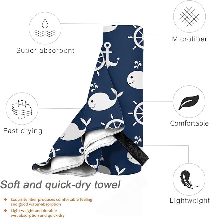 Nautical Whale Microfiber Travel Towel Quick Dry Swim Gym Towel 31.5 X 15.8 Inch Absorbent with Loop Hand Towels for Kids Adults Camping Hiking Sports