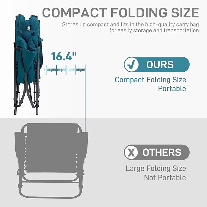 EVER ADVANCED Oversized Folding Rocking Camping Chair, Padded Portable Rocker Chair for Patio, Lawn and Outdoors, Heavy Duty Hard Armchair for Adults Supports 400lbs, Green